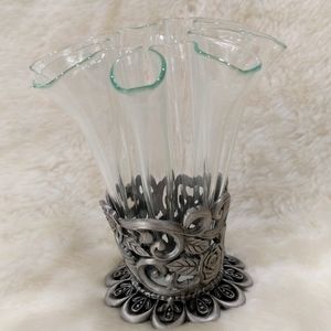 Vintage Green Ribbon Vase on Metal Pewter Holder Rose Flower Multi Glass fluted
